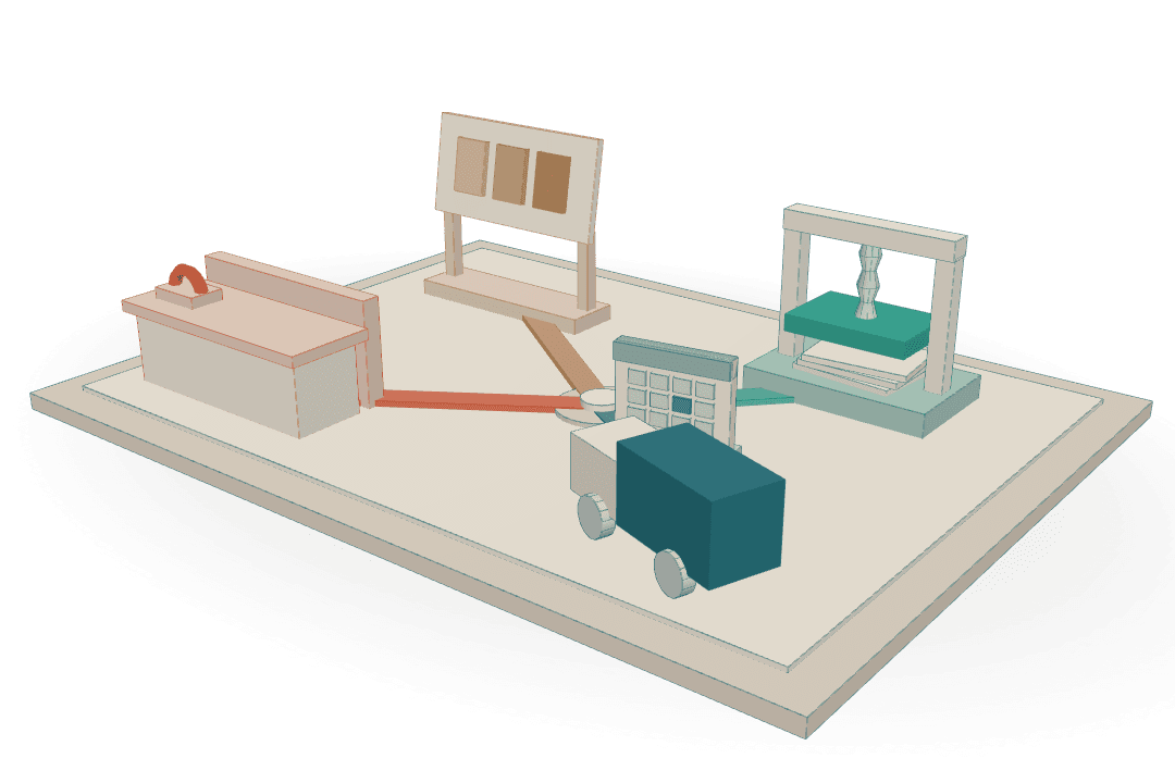 A scale model of a small business: a front counter, an intake board, a dispatch calendar with a truck, and a document press, linked on a drafting plate.